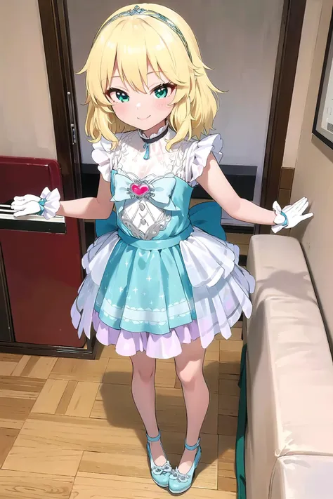 best quality, ultra-detailed, (1girl, solo,<lyco:little_my_cinderella-v1:1>, littlemycinderella, sakurai_momoka,  blonde hair, standing, smile), indoors