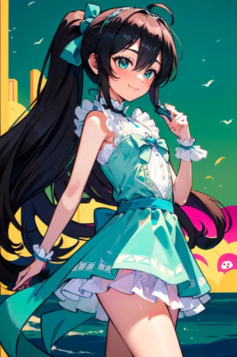 <lora:little_my_cinderella-v1:0.85> littlemycinderella,, ultra detailed, masterpiece, best quality, aesthetic, detailed,, solo, smile, 1girl, aqua eyes, black hair, <lora:low_ponytail-1.0:0.8> low ponytail, ahoge, absurdly long hair, very long hair, hair flaps, hair between eyes, bangs, messy hair, small breasts, goggles on head,