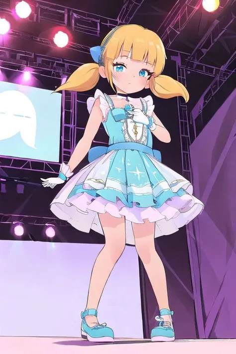 masterpiece, best quality, 1girl, penny, blonde hair, twintails, blunt bangs, flat chest, from below, <lora:Penny:1>, littlemycinderella, catwalk (modeling), stage, camera flash,