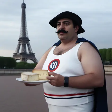 cinematic photo a full body man with a hat and a mustache wears a white costume with a cape, having red wine  and a plate of french cheese in front of the eiffel tower   <lora:SuperDupont1024:0.8> . 35mm photograph, film, bokeh, professional, 4k, highly detailed