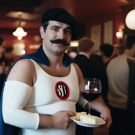 cinematic photo a man with a hat and a mustache wears a white costume with a cape, having red wine in a french pub, french cheese plate   <lora:SuperDupont1024:0.8> . 35mm photograph, film, bokeh, professional, 4k, highly detailed