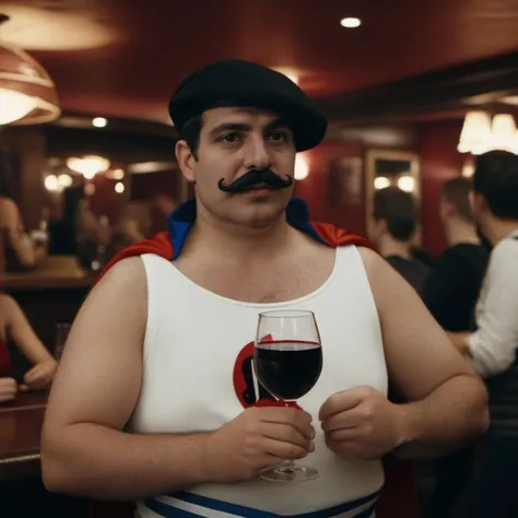 cinematic photo a man with a hat and a mustache wears a costume with a cape, having red wine in a french pub <lora:SuperDupont1024:0.8> . 35mm photograph, film, bokeh, professional, 4k, highly detailed