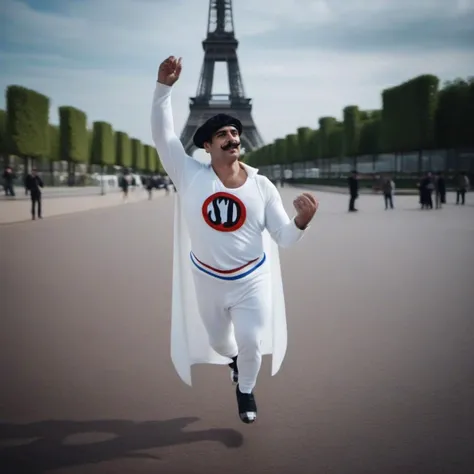 cinematic photo a full body man with a hat and a mustache wears a white costume with a cape, flying in front of the eiffel tower   <lora:SuperDupont1024:0.8> . 35mm photograph, film, bokeh, professional, 4k, highly detailed