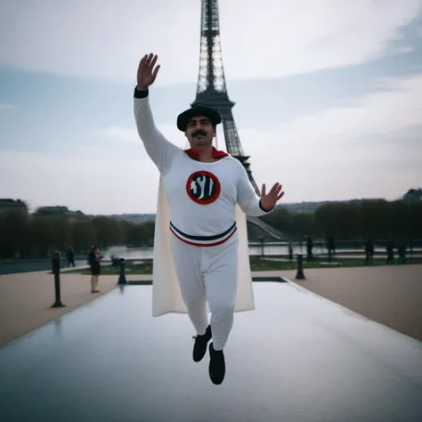 cinematic photo a full body man with a hat and a mustache wears a white costume with a cape, flying in front of the eiffel tower <lora:SuperDupont1024:0.8> . 35mm photograph, film, bokeh, professional, 4k, highly detailed