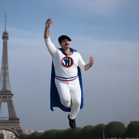 cinematic photo a full body man with a hat and a mustache wears a white costume with a cape, flying in front of the eiffel tower   <lora:SuperDupont1024:0.8> . 35mm photograph, film, bokeh, professional, 4k, highly detailed