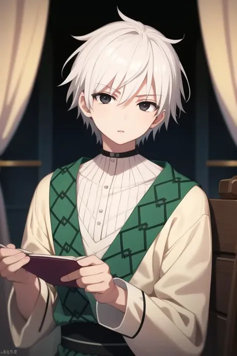 masterpiece, best quality, high quality, 1boy, solo, male focus, looking at viewer, upper body, <lora:jafar_magi:0.58>, jafar_magi, white hair, black eyes, , pajamas