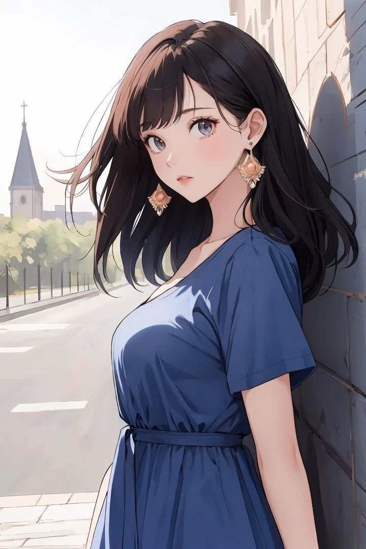 (masterpiece:1.1), best quality, vivid, Sweet girl portrait,
1girl, solo, earrings, bangs, long hair, rose, nail polish, peach nails, medium breast, sexual appeal, High contrast, full body, black hair, medium hair, high nose, standing, <lora:downblouse_v0.2:0.8>, <lora:breasts_squeezed_together_v0.2:0.8>, breasts squeezed together, v arms, hands on own chest, from side, summer, under trees, short sleeves, navy blue dress, looking at viewer