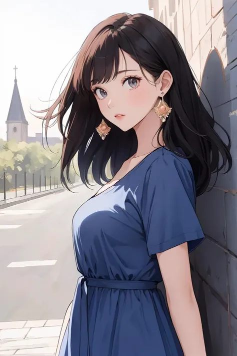 (masterpiece:1.1), best quality, vivid, Sweet girl portrait, 
1girl, solo, earrings, bangs, long hair, rose, nail polish, peach nails, medium breast, sexual appeal, High contrast, full body, black hair, medium hair, high nose, standing, <lora:downblouse_v0.2:0.8>, <lora:breasts_squeezed_together_v0.2:0.8>, breasts squeezed together, v arms, hands on own chest, from side, summer, under trees, short sleeves, navy blue dress, looking at viewer