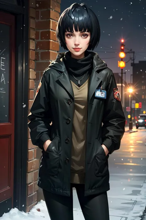 ((masterpiece, best quality))
<lora:Persona5TaeTakemi:0.8>
Persona5TaeTakemi, 1girl, solo, short hair, black hair, brown eyes, in a winter wonderland, cowboy shot, winter clothing, smile