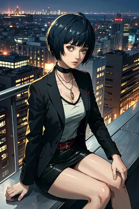 ((masterpiece, best quality))
 <lora:Persona5TaeTakemi:0.8>
Persona5TaeTakemi, 1girl, solo, short hair, black hair, brown eyes, Overlooking the city from a rooftop bar at night, chic outfit, sitting