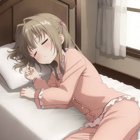 nakasu kasumi, bob cut, light brown hair, short hair, blunt bangs, crescent, crescent hair ornament, hair ornament, hairclip,pink pajamas,tank top, short shorts,pov sleeping on bed,arms up,midriff, cowboy shot, sweating