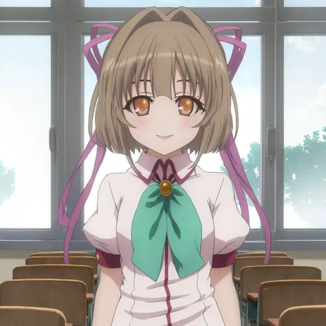 <lora:mimina_ousawa_v1:0.8> mimina_ousawa, summer uniform,  classroom, flat chest, (hair ribbon:0.6), facing viewer, upper body, smile, masterpiece, best quality