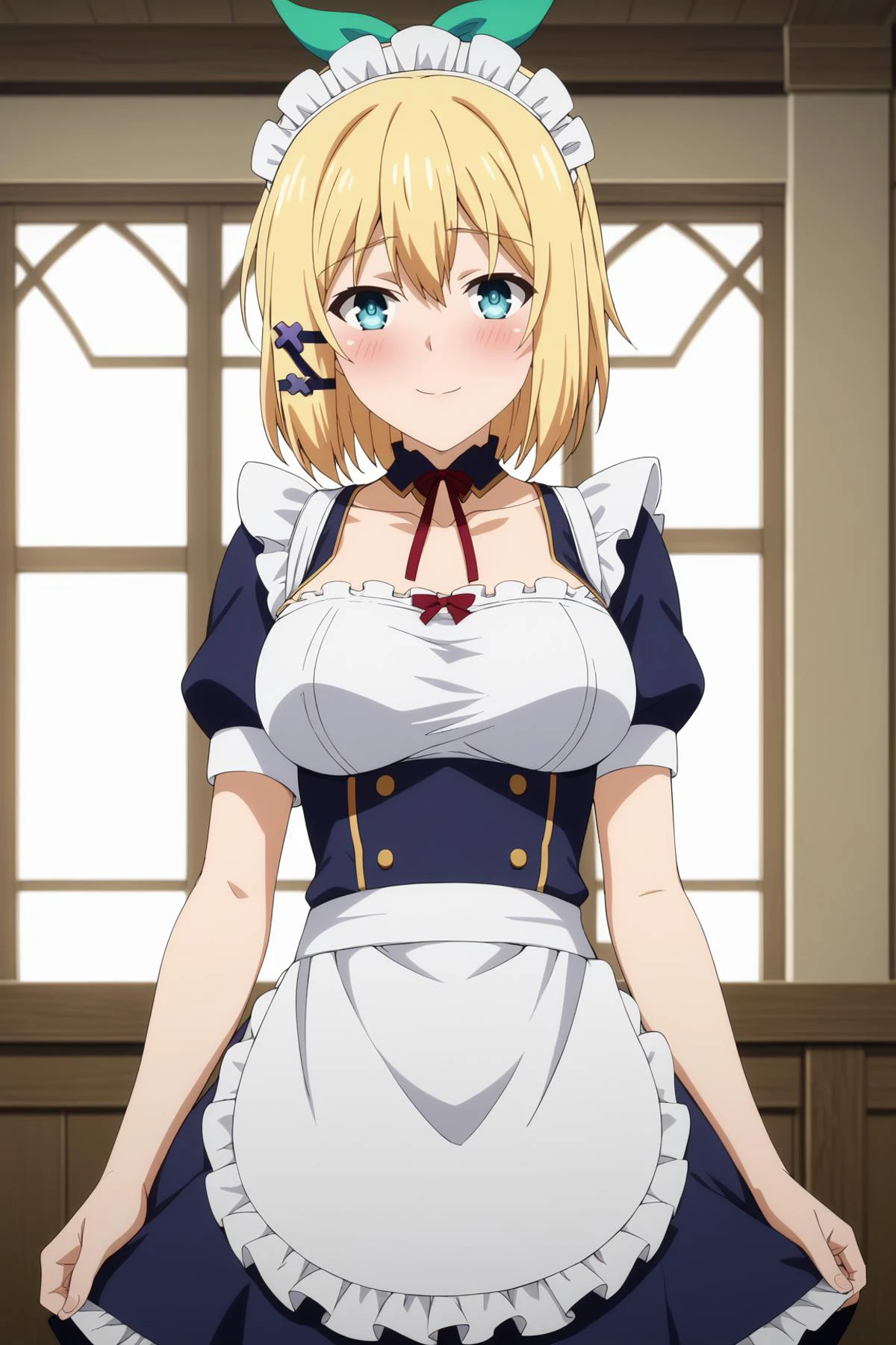 score_9, score_8_up, score_7_up, source anime, prefect lighting, very aesthetic, BREAK, anime screencap, anime coloring,
<lora:rumia_tingel_v2_pdv6:1>, rumia tingel, rokudenashi majutsu koushi to akashic record, blue eyes, blonde hair, short hair, ponytail, large breasts, hairclip, blush,
BREAK, rating questionable, sexy, seductive smile, looking at viewer,
BREAK, maid, maid headdress, detached collar, collarbone, frills, underbust, apron, frilled apron, maid apron, waist apron