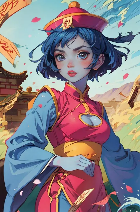 hat,  (ofuda:1.1), pants,long sleeves,  cleavage cutout, clothing cutout, jiangshi, qing guanmao,  solo, chinese clothes, blue skin, short hair,  cleavage, , ofuda, , blue hair, dress, black eyes, pink,  headwear,  pink dress, , long sleeves,  metal claws, sharp, 
outdoors,( illustration:1.4) 
petite,  focus,  looking at viewer, 
[(
impactful, 
fling petals, blossoms , 
guofeng, chinese style, 
chinese village ,
(masterpiece), (best quality:1.2), absurdres, 
isabelmoner-smf, <lyco:isabelmoner_lycoris_01-000003:0.66>  
ankymoore, <lora:ankymoore:0.00>
 <lyco:ColoredSkin-000019:0.8>
 <lora:add_detail:0.5>  <lora:Chinese style illustration v2:0.4>
):8]
 <lora:leilei:0.99>