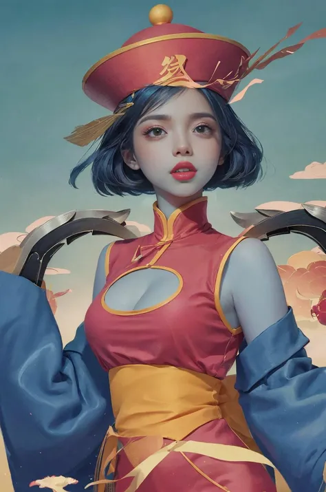 hat, (metal claws:1.4), sharp,  (ofuda:1.3), pants,long sleeves,  cleavage cutout, clothing cutout, jiangshi, qing guanmao,  solo, chinese clothes, blue skin, short hair, claws,  cleavage, , ofuda, , blue hair, dress, black eyes, pink,  headwear,  pink dress, , long sleeves,   blush stickers, 
[hand:claw:0.1]
outdoors,( illustration:1.4), ,posing, makeup, shoulders,
petite,  focus,  looking at viewer, 
[(
guofeng, chinese style, 
chinese village ,
(masterpiece), (best quality:1.2), absurdres, 
 isabelmoner-smf, <lyco:isabelmoner_lycoris_01-000003:0.66>  
ankymoore, <lora:ankymoore:0.35>
 <lyco:ColoredSkin-000019:0.8>  <lora:Chinese style illustration v2:0.6>
):8]
 <lora:leilei:0.9>