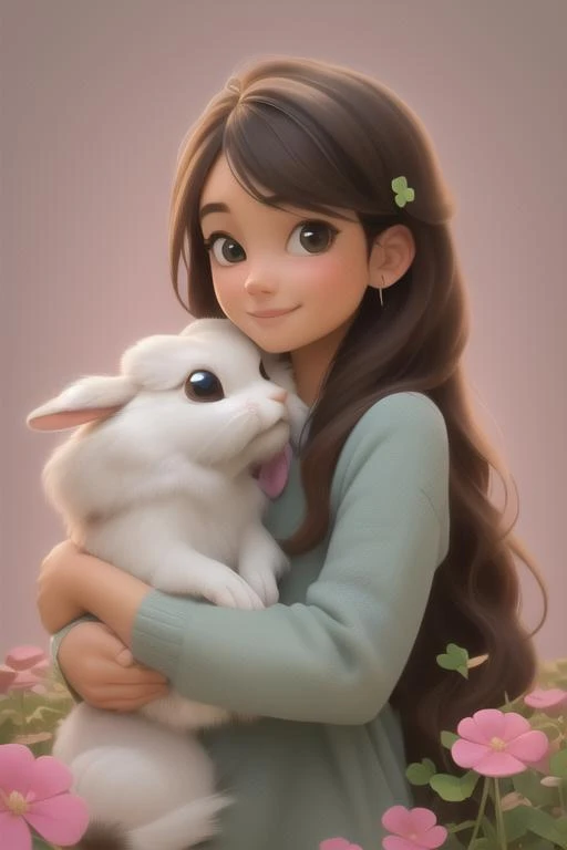 (masterpiece), (best quality), (extremely detailed), (1 girl), (pretty cute girl), smile, brown long hair, brown eyes, slender, extremely detailed eyes, alice the wonderland, pinky, hugging rabbit, inside clover garden, upper body, original, extremely detailed wallpaper, (parfect detail features), 16k, <lora:Clover Landscape:0.5>, clover, <lora:Pixar_Material:0.5>,