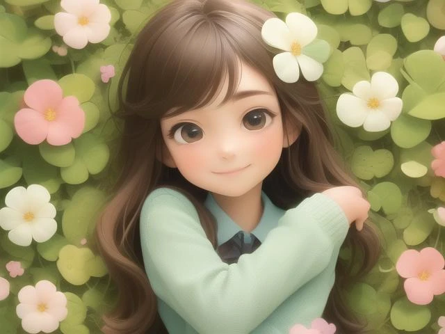 (masterpiece), (best quality), (extremely detailed), (1 girl), (pretty cute girl), smile, brown long hair, brown eyes, slender, extremely detailed eyes, alice the wonderland, pinky, hugging rabbit, inside clover garden, upper body, original, extremely detailed wallpaper, (parfect detail features), 16k, <lora:Clover Landscape:0.5>, clover,
