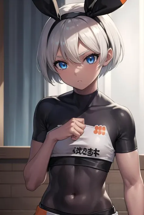 pokemonbea, <lora:pokemonbea-lora-nochekaiser:1>,
pokemonbea, blue eyes, dark skin, dark-skinned female, grey hair, hair between eyes, short hair, ribbon, hair ribbon, hairband, black ribbon, black hairband,
BREAK (bodysuit:1.5), covered navel, shorts, single glove, glove, crop top, white shirt, short sleeves, collar, white shorts,
BREAK indoors, dojo,
BREAK looking at viewer, cowboy shot, (full body:1.5), (upper body:1.5),
BREAK <lyco:GoodHands-beta2:1>, (masterpiece:1.2), best quality, high resolution, unity 8k wallpaper, (illustration:0.8), (beautiful detailed eyes:1.6), extremely detailed face, perfect lighting, extremely detailed CG, (perfect hands, perfect anatomy),