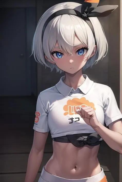 pokemonbea, <lora:pokemonbea-lora-nochekaiser:1>,
pokemonbea, blue eyes, dark skin, dark-skinned female, grey hair, hair between eyes, short hair, ribbon, hair ribbon, hairband, black ribbon, black hairband,
BREAK bodysuit, covered navel, shorts, single glove, glove, crop top, white crop top, short sleeves, collar, white shorts,
BREAK indoors, dojo,
BREAK looking at viewer, (cowboy shot:1.5), (upper body:1.5),
BREAK <lyco:GoodHands-beta2:1>, (masterpiece:1.2), best quality, high resolution, unity 8k wallpaper, (illustration:0.8), (beautiful detailed eyes:1.6), extremely detailed face, perfect lighting, extremely detailed CG, (perfect hands, perfect anatomy),
