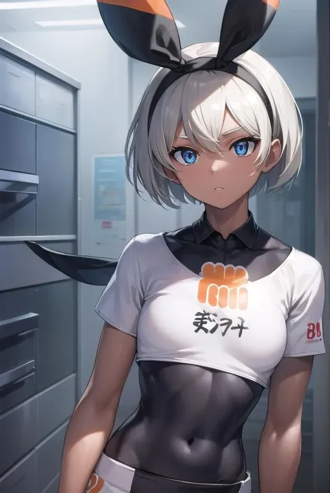 pokemonbea, <lora:pokemonbea-lora-nochekaiser:1>,
pokemonbea, blue eyes, dark skin, dark-skinned female, grey hair, hair between eyes, short hair, ribbon, hair ribbon, hairband, black ribbon, black hairband,
BREAK (bodysuit:1.5), covered navel, shorts, single glove, glove, crop top, white crop top, short sleeves, collar, white shorts,
BREAK indoors, dojo,
BREAK looking at viewer, cowboy shot, (full body:1.5), (upper body:1.5),
BREAK <lyco:GoodHands-beta2:1>, (masterpiece:1.2), best quality, high resolution, unity 8k wallpaper, (illustration:0.8), (beautiful detailed eyes:1.6), extremely detailed face, perfect lighting, extremely detailed CG, (perfect hands, perfect anatomy),