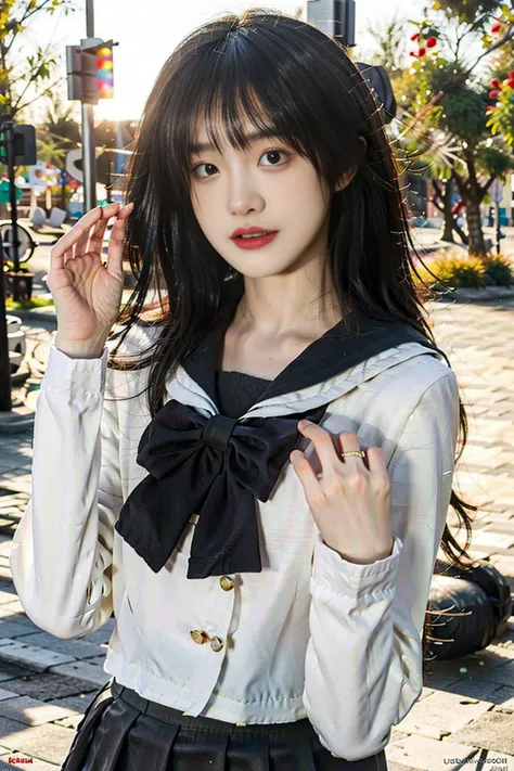 1girl, uranohoshi school uniform, school uniform, long sleeves, pleated skirt, bow, bowtie, sailor collar, skirt, solo, loafers, upper body, (smile:0.7), looking at viewer, long hair, outdoors, noon, streets, sunshine, standing, beautiful face, (cowboy shot), <lora:LoveLiveSunshineSchoolUniform:0.8>, 8k, hdr, ultra highres, masterpiece,(realistic), highly detailed CG unified 8K wallpapers, (HQ skin:1.2),8k uhd, dslr, high quality, beautiful skin, attractive, ultra-high resolution, ultra-realistic,high-definition, close-up, dynamic pose,