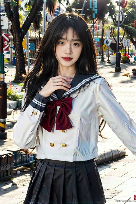 1girl, uranohoshi school uniform, school uniform, long sleeves, pleated skirt, bow, bowtie, sailor collar, skirt, solo, loafers, upper body, (smile:0.7), looking at viewer, long hair, outdoors, noon, streets, sunshine, standing, beautiful face, (cowboy shot), <lora:LoveLiveSunshineSchoolUniform:0.8>, 8k, hdr, ultra highres, masterpiece,(realistic), highly detailed CG unified 8K wallpapers, (HQ skin:1.2),8k uhd, dslr, high quality, beautiful skin, attractive, ultra-high resolution, ultra-realistic,high-definition, close-up, dynamic pose,