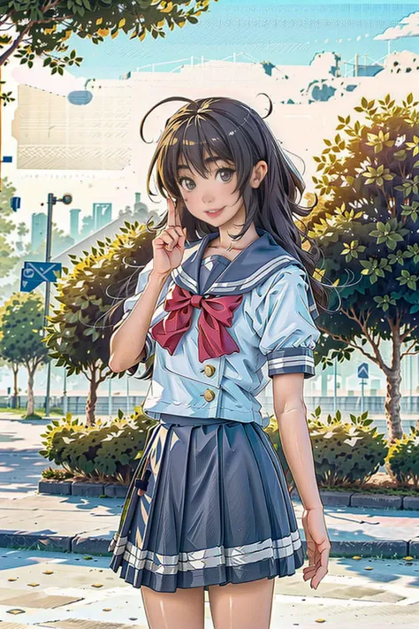1girl, uranohoshi school uniform, school uniform, short sleeves, pleated skirt, bow, bowtie, sailor collar, skirt, solo, loafers, upper body, (smile:0.7), looking at viewer, long hair, outdoors, noon, streets, sunshine, standing, beautiful face, (cowboy shot), <lora:LoveLiveSunshineSchoolUniform:0.8>, 8k, hdr, ultra highres, masterpiece,(realistic), highly detailed CG unified 8K wallpapers, (HQ skin:1.2),8k uhd, dslr, high quality, beautiful skin, attractive, ultra-high resolution, ultra-realistic,high-definition, close-up, dynamic pose,