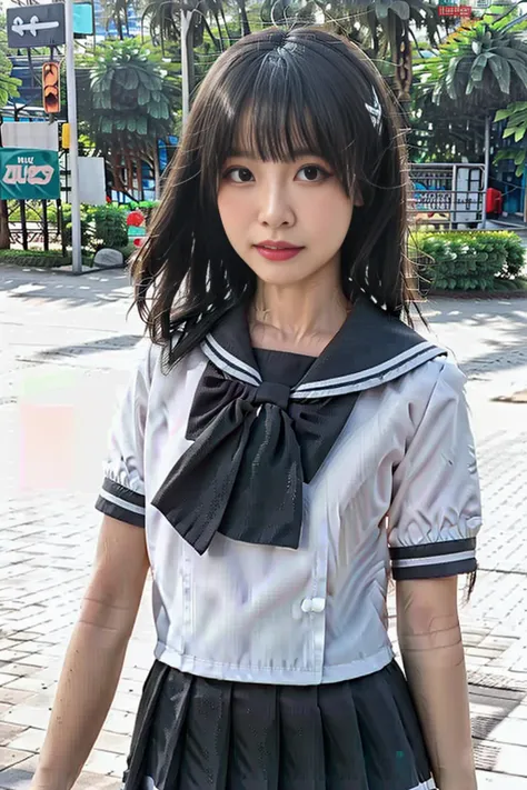 1girl, uranohoshi school uniform, school uniform, short sleeves, pleated skirt, bow, bowtie, sailor collar, skirt, solo, loafers, upper body, (smile:0.7), looking at viewer, long hair, outdoors, noon, streets, sunshine, standing, beautiful face, (cowboy shot), <lora:LoveLiveSunshineSchoolUniform:0.8>, 8k, hdr, ultra highres, masterpiece,(realistic), highly detailed CG unified 8K wallpapers, (HQ skin:1.2),8k uhd, dslr, high quality, beautiful skin, attractive, ultra-high resolution, ultra-realistic,high-definition, close-up, dynamic pose,