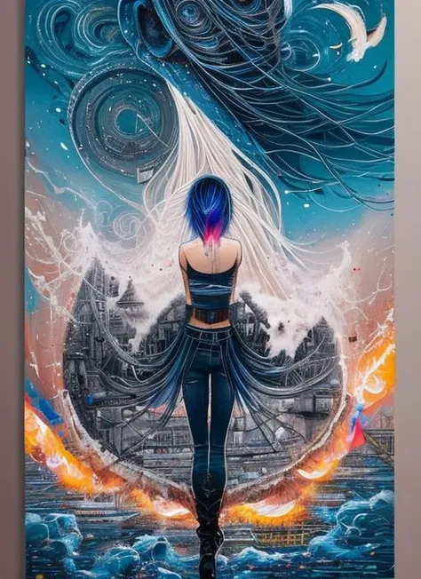 sks place award winning half body portrait of a woman in a croptop and cargo pants with ombre navy blue teal hairstyle with head in motion and hair flying, paint splashes, splatter, outrun, vaporware, shaded flat illustration, digital art, trending on artstation, highly detailed, fine detail, intricate