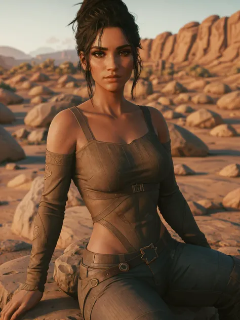 talojipanam without jacket sitting on a rock in front of a badland like area, (dark green top:0.6), ultra realistic, realistic, (black nail polish:0.6) wallpaper, intricate, intricately detailed face and eyes, sharp focus, rtx, realistic body proportions, well drawn, masterpiece, ultra detailed, high quality, best quality, 4k, 8k <lora:talojipanam:0.48>