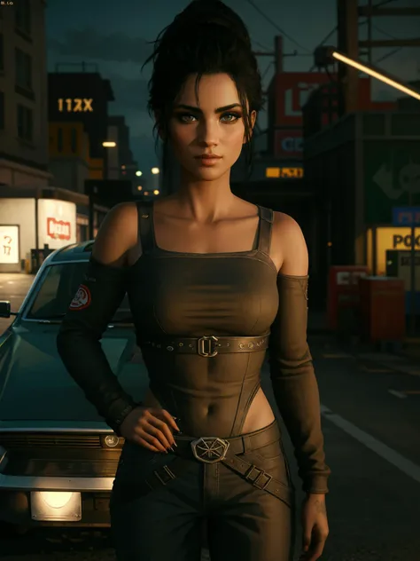 talojipanam without jacket standing in street front of a car, (dark green top:0.6), brown eyes, (cyberpunk city setting:0.4), neon lights, ultra realistic, realistic, (black nail polish:0.8) wallpaper, intricate, intricately detailed face and eyes, sharp focus, rtx, realistic body proportions, well drawn, masterpiece, ultra detailed, high quality, best quality, 4k, 8k <lora:talojipanam:0.48>
