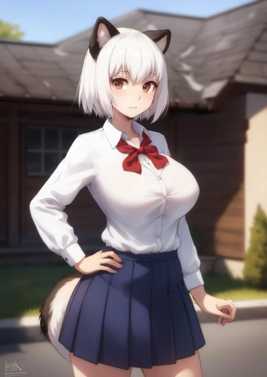 (masterpiece, best quality:1.2), extremely detailed, soft ambient lighting, sharp focus, 4K, BREAK <lora:uzaki_hitomi_v1:0.6>, 1girl, solo, animal ears, white hair, short hair, brown eyes, tail, large breasts, school uniform, white shirt, skirt, BREAK outdoors, house, looking at viewer, hands on hip,