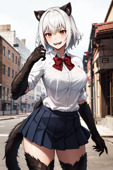 masterpiece, best quality, highres, 1girl, solo, animal ears, white hair, short hair, brown eyes, tail, large breasts, school uniform, white shirt, skirt, bowtie, red bow, <lora:uzaki_hitomi_v1:0.6>, standing, cowboy shot, monster girl, sharp teeth, black fur, animal hands, ruins, building,