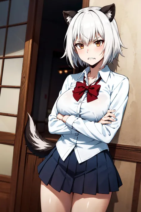 masterpiece, best quality, highres, 1girl, solo, animal ears, white hair, short hair, brown eyes, tail, large breasts, school uniform, white shirt, skirt, bowtie, red bow, <lora:uzaki_hitomi_v1:0.6>, standing, cowboy shot, frown, crossed arms, sharp teeth,