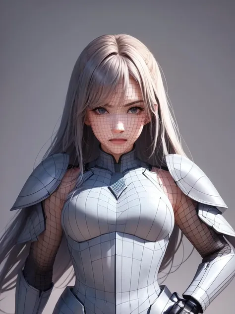 (((perfect face))), (masterpiece), best quality, ((dame)) in modern armor standing, <lora:topo_v3Fix_wireframe:0.9>, looking at viewer, upper body, gray background, full body, (wireframe)