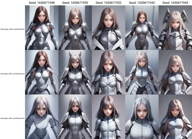 (((perfect face))), (masterpiece), best quality, ((dame)) in modern armor standing, <lora:topo_v3Fix_wireframe:0>, looking at viewer, upper body, gray background, full body, (wireframe)