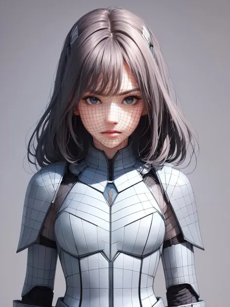 (((perfect face))), (masterpiece), best quality, ((dame)) in modern armor standing, <lora:topo_v3Fix_wireframe:0.9>, looking at viewer, upper body, gray background, full body, (wireframe)