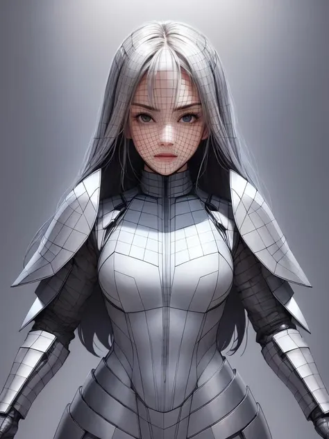 (((perfect face))), (masterpiece), best quality, ((dame)) in modern armor standing, <lora:topo_v3Fix_wireframe:0.9>, looking at viewer, upper body, gray background, full body, (wireframe)