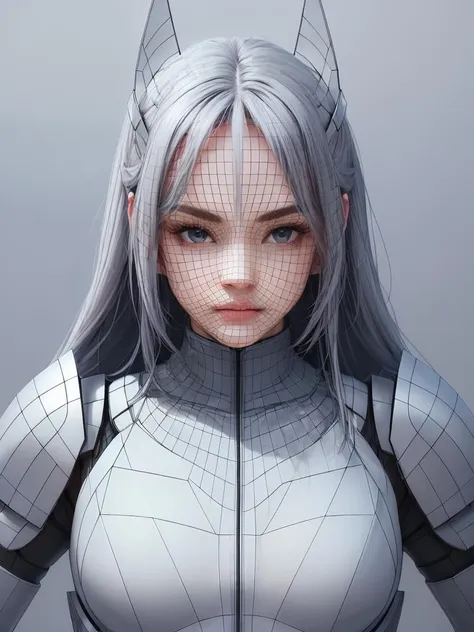 (((perfect face))), (masterpiece), best quality, ((dame)) in modern armor standing, <lora:topo_v3Fix_wireframe:0.9>, looking at viewer, upper body, gray background, full body, (wireframe)