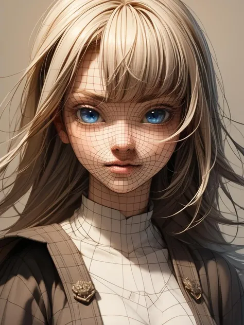 Gray clay style, 1girl, (masterpiece, best quality), face portrait,blunt bangs, very detailed eyes, beautiful drawn eyes, (blue eyes), BREAK, medieval clothes, warrior, BREAK, woman in monochromatic light,BREAK, in the style of yoji shinakawa, studio gainax, y2k design, <lora:topo_v3Fix_wireframe:1> <lora:zbxr_V2:0.5>, wireframe