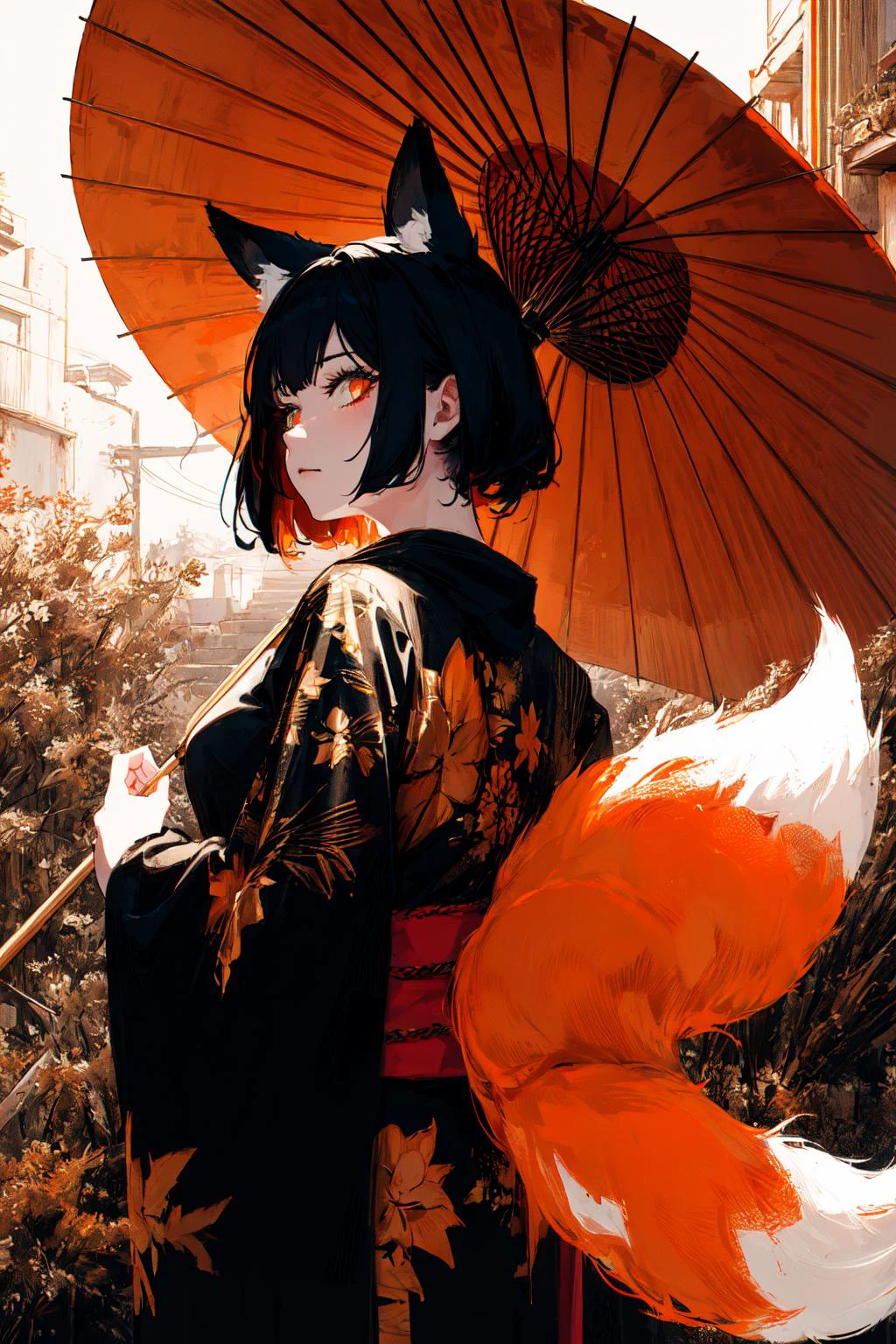 super detailed, (glowing background:1.25),medium close up,
masterpiece, best quality, wide-angle Hyperdetailed, masterpiece, 8k, natural lighting, soft lighting, sunlight, HDR (High Dynamic Range), Maximum Clarity And Sharpness, Multi-Layered Textures,
red fox theme,bright red oil paper umbrella,beautiful black kimono,backless,perfect detail tatto,
(1 girl,holding,oil paper umbrella,fox tail,upper body naked, from behind, IncrsTailsFixer,red fox ears,back tattoo,:1.2)
(best art,gold ratio,:1.5),(etching:1.458),
(dark gold line,black theme,orange red theme,white theme,:1.3)
,8k,high-res,highest details,
<lora:TailsFixer:0.8> <lora:tattoo_lora01:0.8> <lora:Mild detail adjusterV10_4:1>
