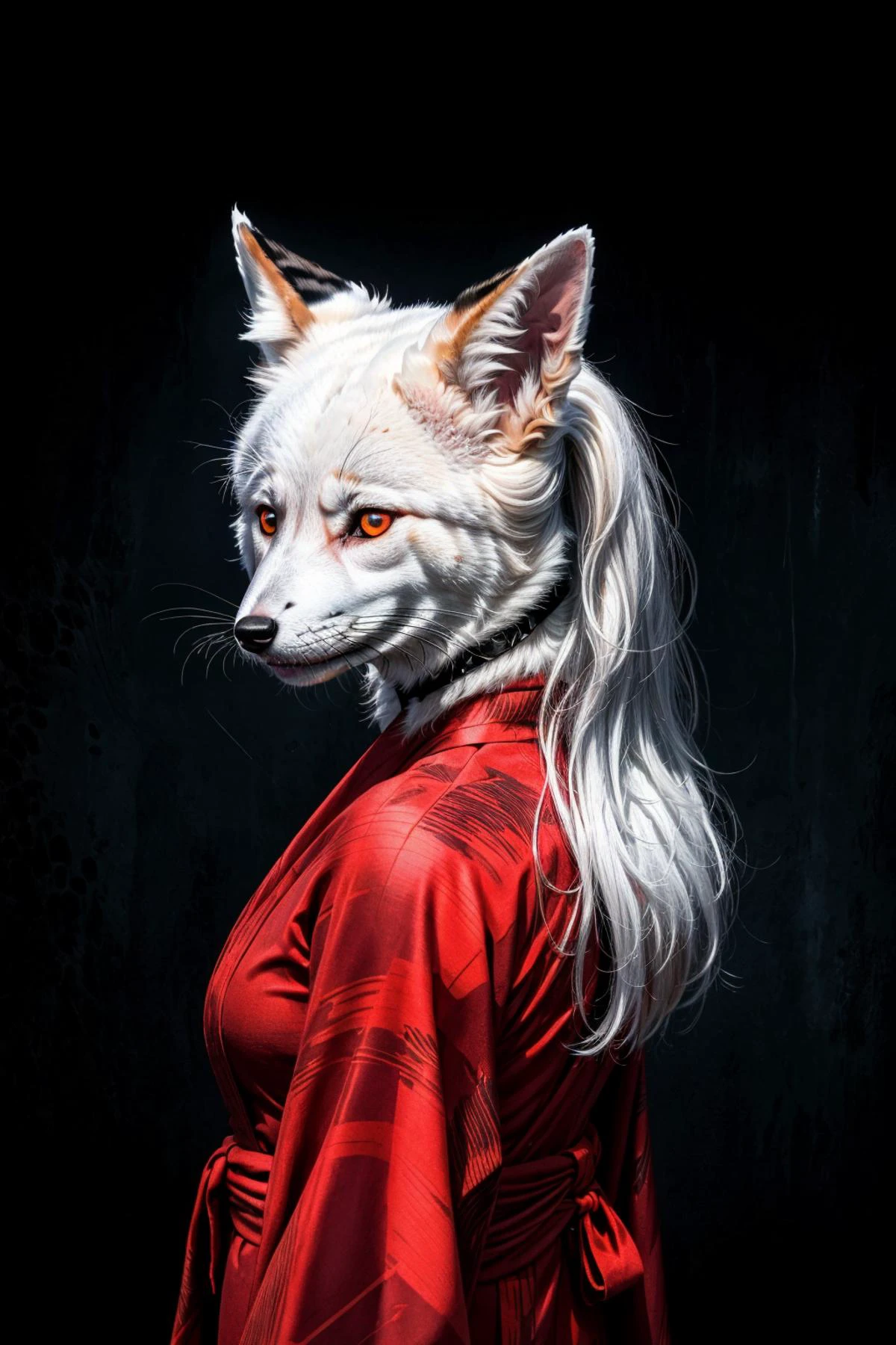 (abstract art:1.3),(psychedelic,futuristic:1.2),masterpiece, highly detailed 8k cg, best cinematic quality, volumetric lighting and shadows,perfect reflection,
(white theme:1.2), (fox theme:1.2),
(white long hair, 1 perfect girl with sexy body,perfect white fox ears,red glowing eyes, glowing body,kimono,1 perfect white fox tail,IncrsTailsFixer,smirk,canine tooth,perfect detail face,perfect detail hands,perfect detail fingers :1.43),
(only use 3 colors,white,black,garnet),
ultra high res, <lora:TailsFixer:0.6> IncrsTailsFixer,<lora:acid_fluid_lora:0.4> <lora:DarkIncursioStyle:0.4>, night, (dark environment) <lora:Gloomifier_V2_TheGlow:0.3> <lora:add_detail:1> <lora:Perfect fingers Lora:0.4>