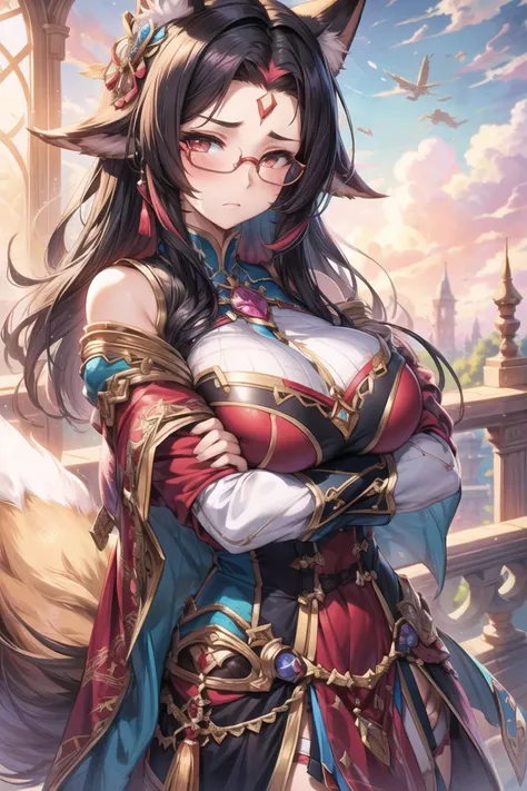 <lora:detail_slider_v4:3> illustration, high detail,high quality, 
<lora:add_brightness:0.5><lora:add_detail:0.5>1 woman,solo, large breast, embarrassed ,blush, forehead,  black hair,  glasses,crossed arms, long clothes,(breast curtains), 
fantasy image, cloudy sky,sunlight, 
from side,looking at viewer, 
 <lora:FoxTailsFromBehind:1>INCRSTAILSFIXER,FOX TAIL,