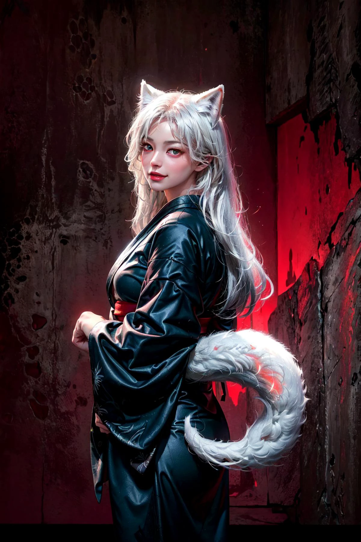 (abstract art:1.3),(psychedelic,futuristic:1.2),masterpiece, highly detailed 8k cg, best cinematic quality, volumetric lighting and shadows,perfect reflection,
(white theme:1.2), (fox theme:1.2),
(white long hair, 1 perfect girl with sexy body,perfect white fox ears,red glowing eyes, glowing body,kimono,1 perfect white fox tail,IncrsTailsFixer,smirk,canine tooth,perfect detail face,perfect detail hands,perfect detail fingers :1.43),
(only use 3 colors,white,black,garnet),
ultra high res, <lora:TailsFixer:0.6> IncrsTailsFixer,<lora:acid_fluid_lora:0.4> <lora:DarkIncursioStyle:0.4>, night, (dark environment) <lora:Gloomifier_V2_TheGlow:0.3> <lora:add_detail:1> <lora:Perfect fingers Lora:0.4>
