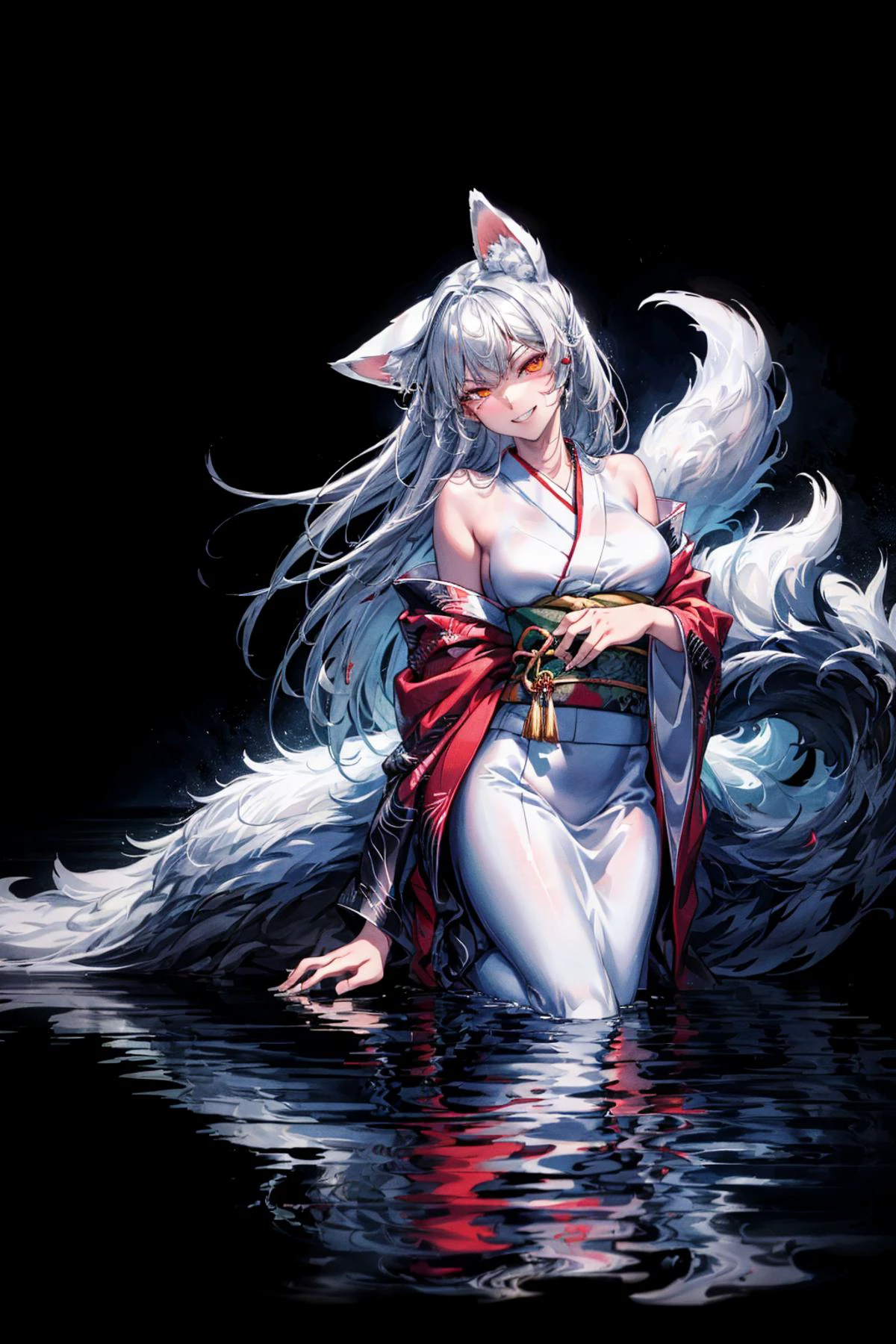 (abstract art:1.3),(psychedelic,futuristic:1.2),masterpiece, highly detailed 8k cg, best cinematic quality, volumetric lighting and shadows,perfect reflection,
(white theme:1.2), (fox theme:1.2),
(white long hair, 1 perfect girl with sexy body,perfect white fox ears,red glowing eyes, glowing body,kimono,1 perfect white fox tail,IncrsTailsFixer,smirk,canine tooth,perfect detail face,perfect detail hands,perfect detail fingers :1.43),
(only use 3 colors,white,black,garnet),
ultra high res, <lora:TailsFixer:0.6> IncrsTailsFixer,<lora:acid_fluid_lora:0.4> <lora:DarkIncursioStyle:0.4>, night, (dark environment) <lora:Gloomifier_V2_TheGlow:0.3> <lora:add_detail:1> <lora:Perfect fingers Lora:0.4>