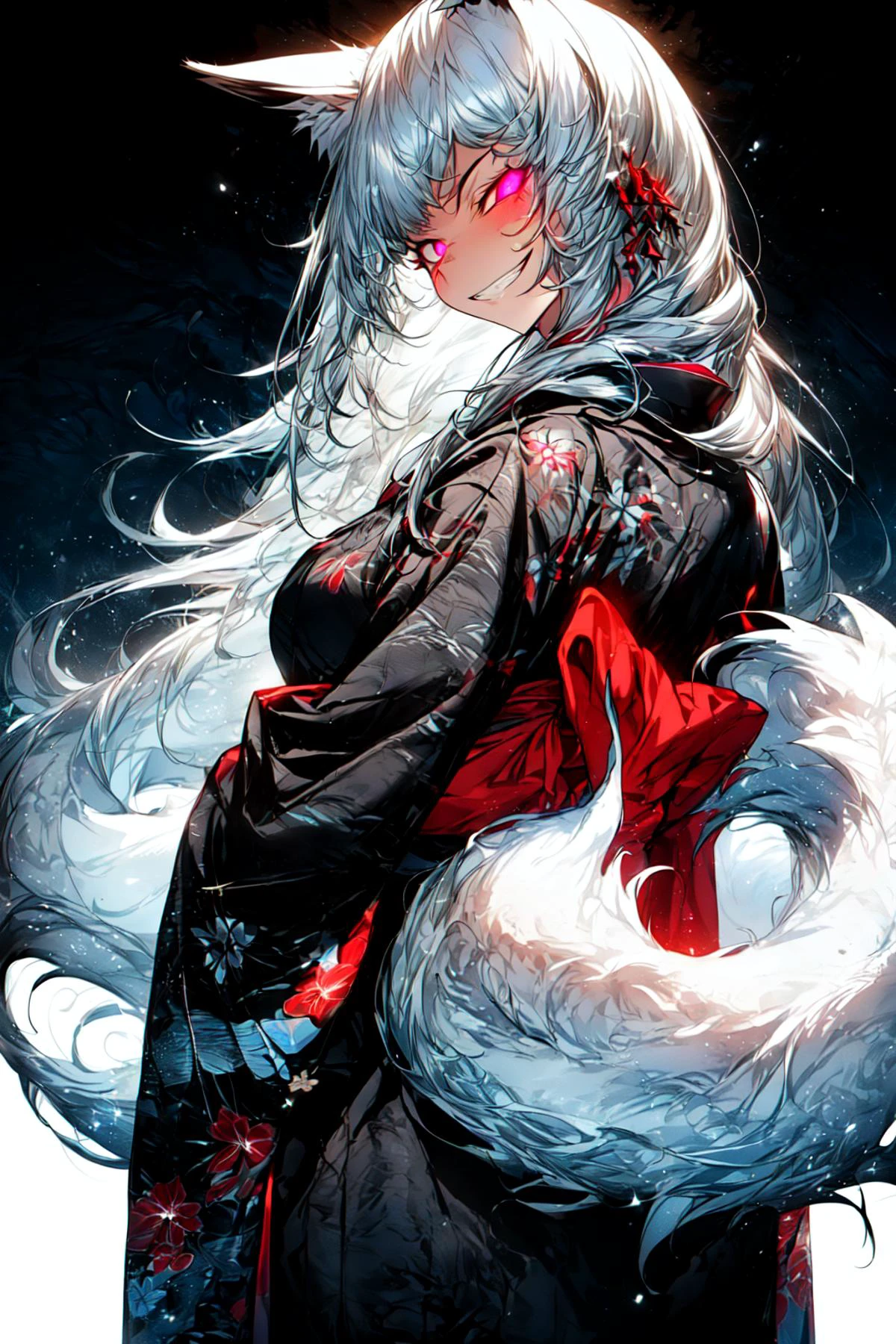 (abstract art:1.3),(psychedelic,futuristic:1.2),masterpiece, highly detailed 8k cg, best cinematic quality, volumetric lighting and shadows,perfect reflection,
(white theme:1.2), (fox theme:1.2),
(white long hair, 1 perfect girl with sexy body,perfect white fox ears,red glowing eyes, glowing body,kimono,1 perfect white fox tail,IncrsTailsFixer,smirk,canine tooth,perfect detail face,perfect detail hands,perfect detail fingers :1.43),
(only use 3 colors,white,black,garnet),
ultra high res, <lora:TailsFixer:0.6> IncrsTailsFixer,<lora:acid_fluid_lora:0.4> <lora:DarkIncursioStyle:0.4>, night, (dark environment) <lora:Gloomifier_V2_TheGlow:0.3> <lora:add_detail:1> <lora:Perfect fingers Lora:0.4>