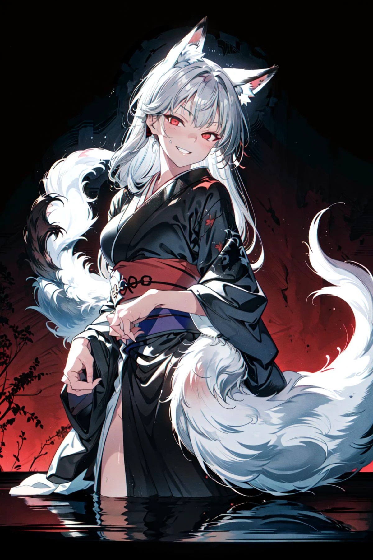 (abstract art:1.3),(psychedelic,futuristic:1.2),masterpiece, highly detailed 8k cg, best cinematic quality, volumetric lighting and shadows,perfect reflection,
(white theme:1.2), (fox theme:1.2),
(white long hair, 1 perfect girl with sexy body,perfect white fox ears,red glowing eyes, glowing body,kimono,1 perfect white fox tail,IncrsTailsFixer,smirk,canine tooth,perfect detail face,perfect detail hands,perfect detail fingers :1.43),
(only use 3 colors,white,black,garnet),
ultra high res, <lora:TailsFixer:0.6> IncrsTailsFixer,<lora:acid_fluid_lora:0.4> <lora:DarkIncursioStyle:0.4>, night, (dark environment) <lora:Gloomifier_V2_TheGlow:0.3> <lora:add_detail:1> <lora:Perfect fingers Lora:0.4>