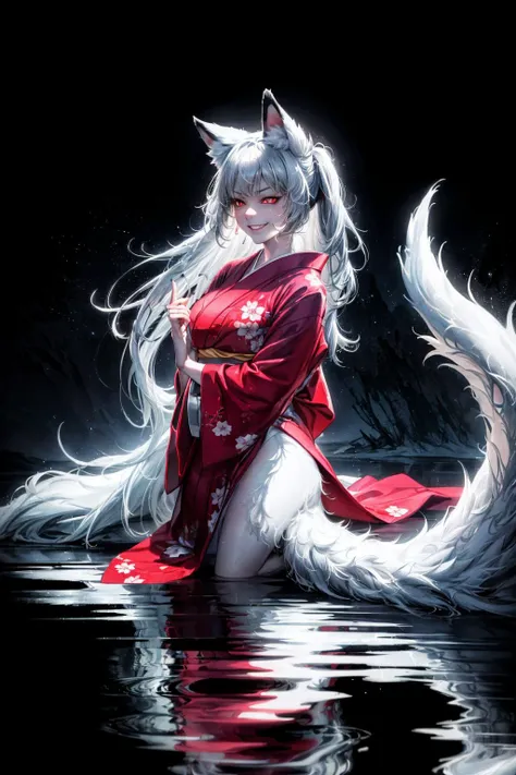 (abstract art:1.3),(psychedelic,futuristic:1.2),masterpiece, highly detailed 8k cg, best cinematic quality, volumetric lighting and shadows,perfect reflection,
(white theme:1.2), (fox theme:1.2),
(white long hair, 1 perfect girl with sexy body,perfect white fox ears,red glowing eyes, glowing body,kimono,1 perfect white fox tail,IncrsTailsFixer,smirk,canine tooth,perfect detail face,perfect detail hands,perfect detail fingers :1.43),
(only use 3 colors,white,black,garnet),
ultra high res,  <lora:TailsFixer:0.6> IncrsTailsFixer,<lora:acid_fluid_lora:0.4> <lora:DarkIncursioStyle:0.4>, night, (dark environment) <lora:Gloomifier_V2_TheGlow:0.3> <lora:add_detail:1> <lora:Perfect fingers Lora:0.4>