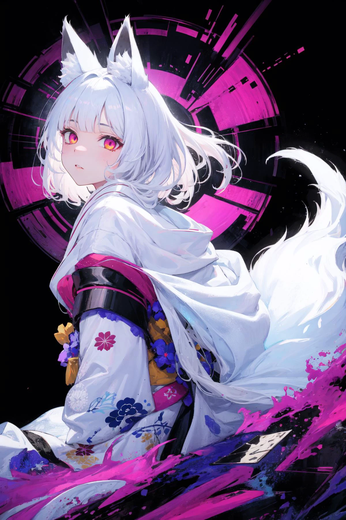 (abstract art:1.3),(psychedelic,futuristic:1.2),masterpiece, highly detailed 8k cg, best cinematic quality, volumetric lighting and shadows,perfect reflection,
(white theme:1.2), (fox theme:1.2),
(white long hair, 1girl,perfect white fox ears,garnet eyes, glowing body,kimono, :1.33),
(white:0.6,black:0.3,purple:0.1),
ultra high res, <lora:TailsFixer:0.6> IncrsTailsFixer, fox tail, <lora:blacklight:0.3> blacklight, <lora:acid_fluid_lora:0.4>