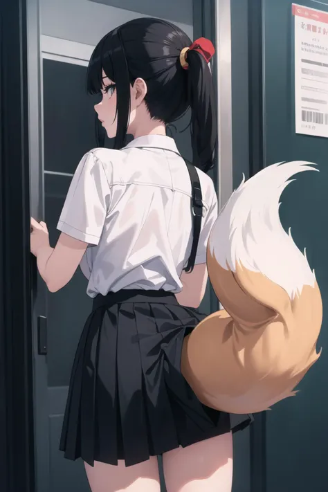 masterpiece, best quality, IncrsTailsFixer, <lora:TailsFixer:1.3>, 1girl, fox tail, from behind, black hair, skirt